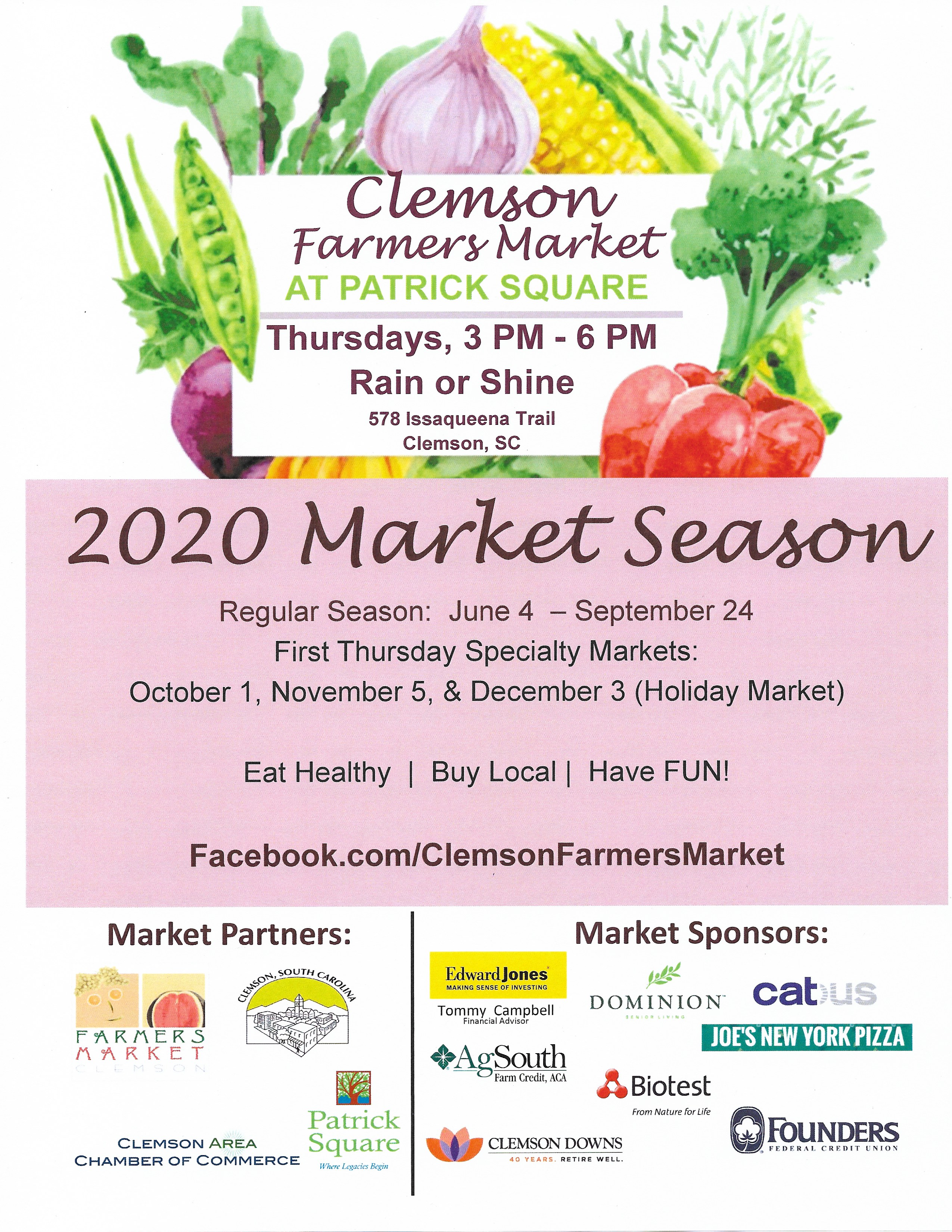 Farmers Market Season Thursdays 3pm to 6pm June 4 through September 24